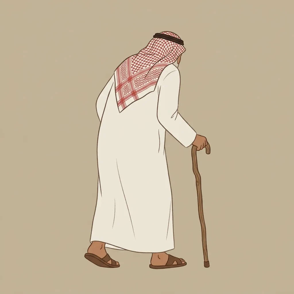 يُعرف الرجل الهرم بانحناء ظهره والاعتماد على عصاه.